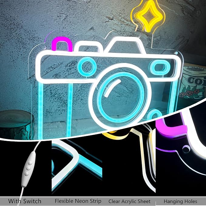 Camera Neon Sign Dimmable LED Light Up Wall Decor Multi-Color Retro Photography Studio Art Vintage Vlogger Background Accessory for Bedroom, Gaming Room, Store Photographer Gifts(13.3 * 12.2in) - Image 2