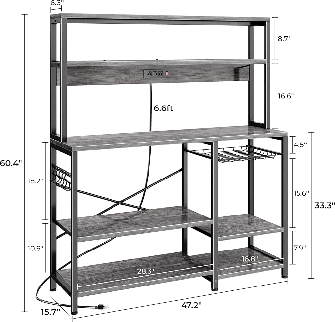 SUPERJARE Bakers Rack with Power Outlet, 47.2 Inches Coffee Bar with Basket - Image 3