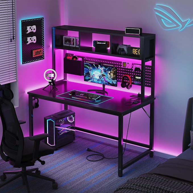 DLisiting Black Gaming Desk with Hutch and Pegboard - 47 Inch Gaming Desk with Shelves Storage Power Outlets, Computer Teen Work Study Writing Desks for Bedroom Home Office - Image 4