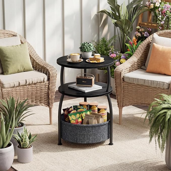 Round Side Table with Storage Basket, End Table Living Room, Black - Image 8