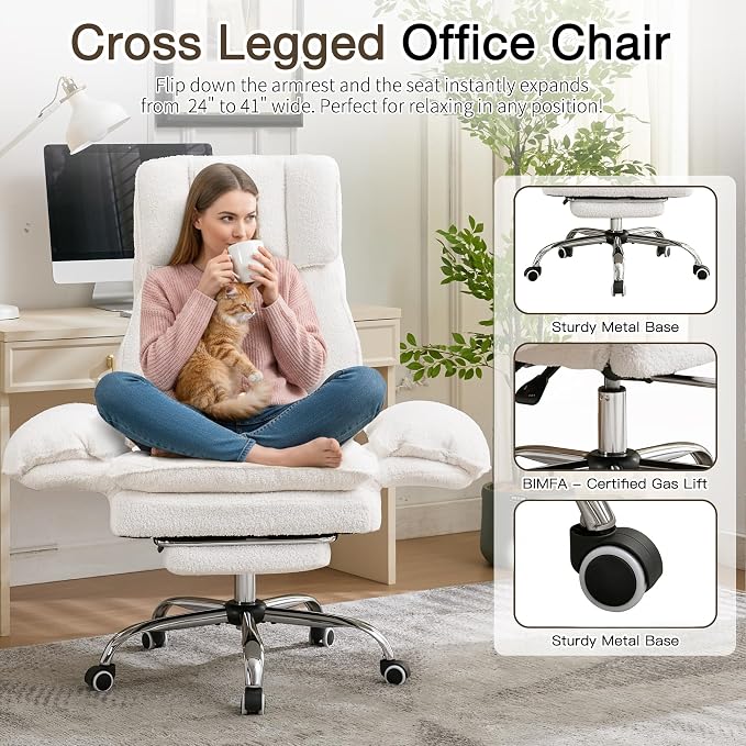 JOMEED Cloud Cross Legged Office Chair with Footrest,Flip Armrest,White | Ergonomic Teddy Big and Tall Executive Chair with Wheels,155° Reclining Computer Wide Desk Chair for Home,Office - Image 5