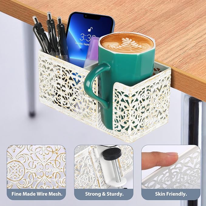 Under Desk Cup Holder, Clamp on Cup Holder Clip Desk Organizer Phone Stand - Image 4