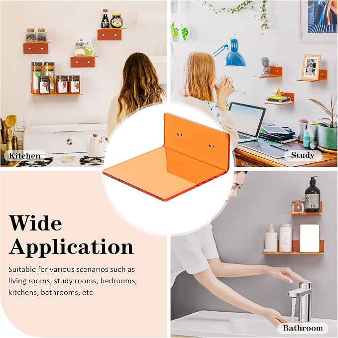 Sezanrpt 6 Inches Small Orange Wall Shelves Set of 2, Wall Mounted Display Shelf Rack for Bedroom, Living Room, Smart Speaker, Clock, Decoration, 2 Pack - Image 6