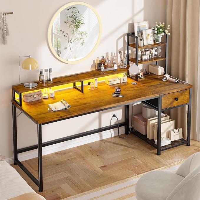 EnHomee 55" Reversible Computer Desk, Hutch, USB & LED, Rustic Brown - Image 2