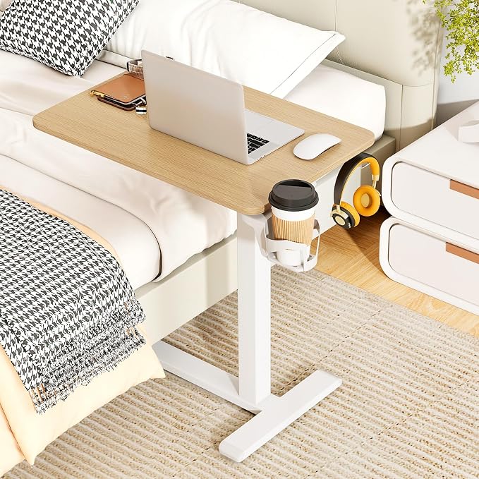 Tangkula Mobile Standing Desk, Pneumatic Height Adjustable Rolling Desk with Cup Holder & Headphone Hook, Overbed Table with Hidden Wheels, Laptop Computer Cart for Couch, Home, Office (Natural) - Image 4