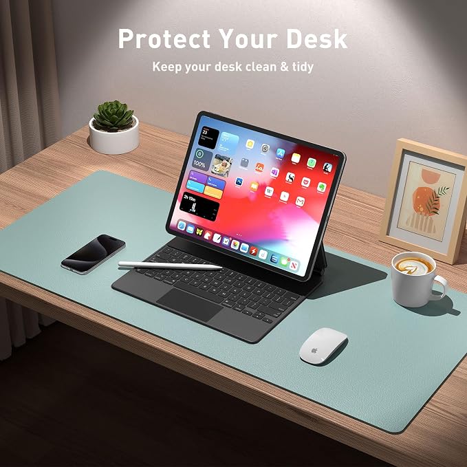 Aothia Leather Desk Pad Protector, Mouse Pad, Office Desk Mat, Non-Slip PU Leather Desk Blotter, Laptop Desk Pad, Waterproof Desk Writing Pad for Office and Home (23.6" x 13.7", Light Blue) - Image 3