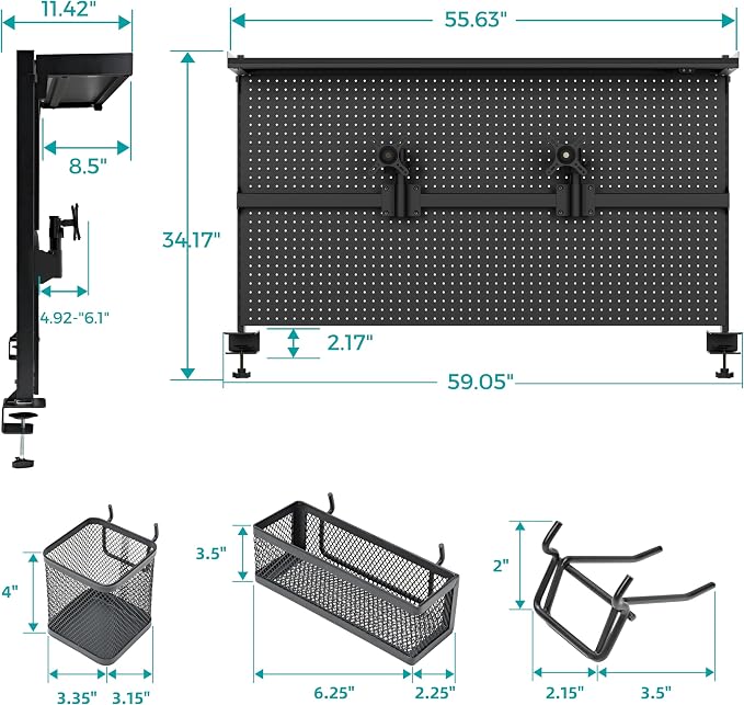 EUREKA ERGONOMIC Desk Pegboard Dual Monitor Stand 59x34 Black | Large steel pegboard with dual monitor stands, LED lighting, privacy panel and modular accessories for gaming desks - Image 3