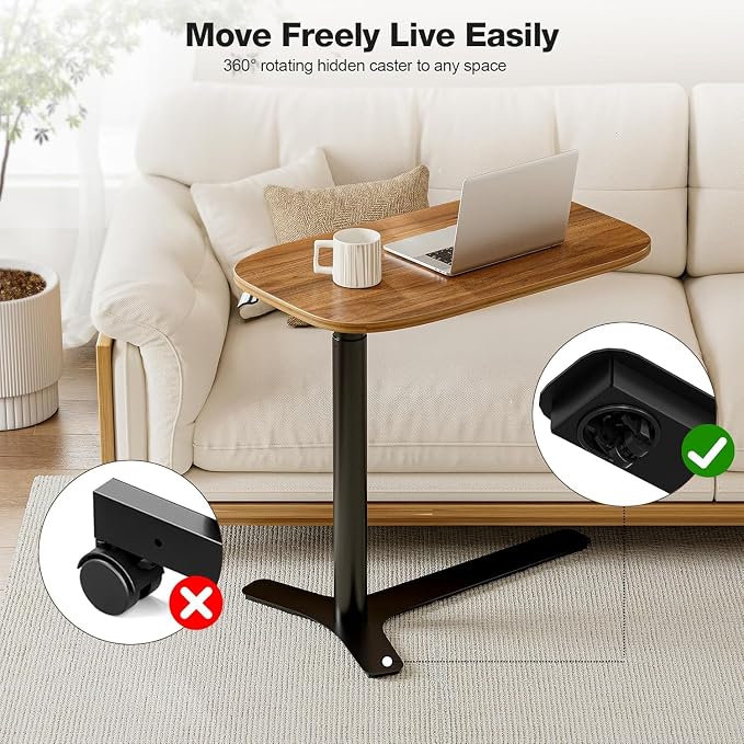 Muvai Overbed Bedside Table with Hidden Casters,30 Inches Adjustable Height Pneumatic Mobile Laptop Standing Desk, Rolling Computer Table for Home & Hospital Use ，Black Walnut 30" W x 17.7" D - Image 4