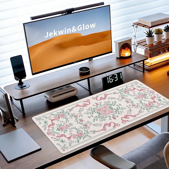 Pink Floral Gaming Mouse Pad, Desk Mat, XL Large Mousepad Non-Slip, Desk Pad, Extended Big Keyboard Mat for Desktop Decor, Office Desk Accessories for Women, 31.5x11.8in - Image 3