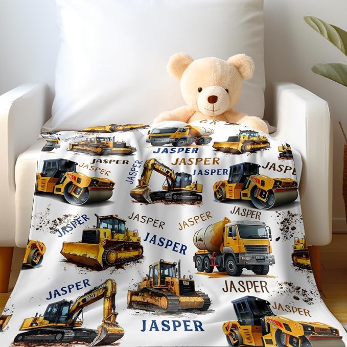 Ship Next Day, Personalized Truck Blanket - Printed in USA, Custom Name Blankets for Kids with Engineering Vehicle, Home Bedding Bed Decor, Fun Birthday Gift for Boys&Girls Women Man - Image 2