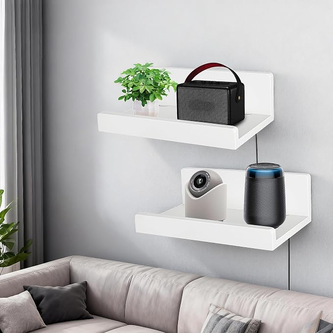 Floating Wall Shelves Set of 2, 12-Inch Solid Wood Shelves with Cable Holes, Small Display Shelf for Router, Webcam, Smart Speaker, Camera – White - Image 2