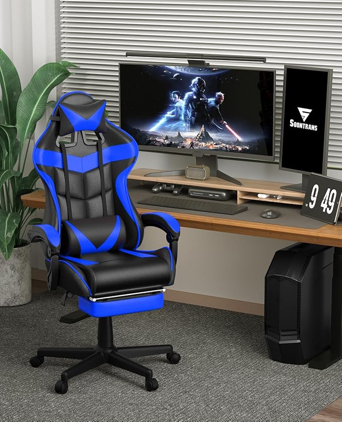Soontrans Gaming Chair with Footrest,Computer Office Chair, Ergonomic Gamer Chair with Height Adjustment,Headrest and Lumbar Support Gamer Chair(Storm Blue) - Image 9