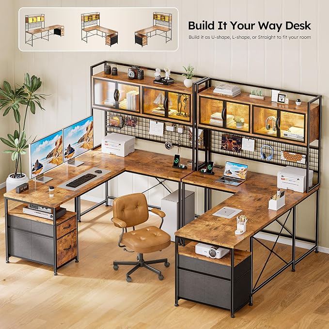 DurayLoly 67" L Shaped Gaming Corner Desk with LED Light, Hutch,Brown | Reversible Computer Desk with 2 Drawers,Storage Shelves,Pegboard with 3 Hooks,Power Outlet for Home Office,Bedroom - Image 6