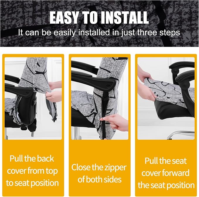 Smiry Office Computer Chair Cover with Armrest Covers, Grey and Black | Stretch Printed Universal Removable Washable Desk Rotating Chair Slipcovers, Soft Anti-Dust Spandex Protector with Zipper - Image 6