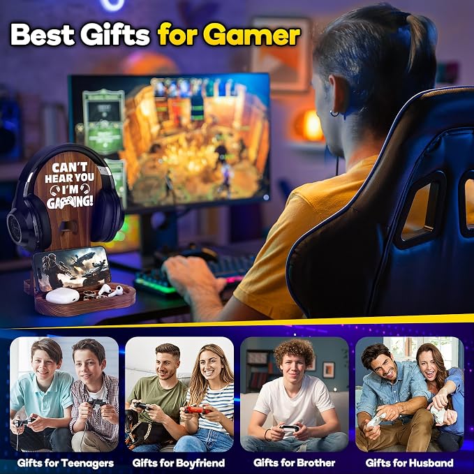 Gamer Gifts for Teenage Boy, Gamer Room Decor for Man, Best Gifts for Son, Boyfriend, Husband, Wooden Headset Stand, Can't Hear you I'm Gaming - Image 6