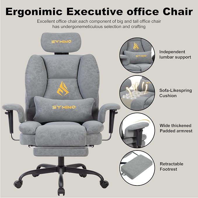 Symino Gaming Chair with Footrest, Up/Down Armrests, Suede Fabric Ergonomic Office Chair, 150° Recline Computer Chair for Desk, Grey - Image 4