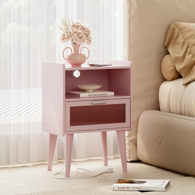 MMEOLUOOK Nightstand with Charging Station, Bedside Tables Pink End Table Side Table with 2 Tiers Storage Space, for Bedroom Living Room MLBZ07PE - Image 7