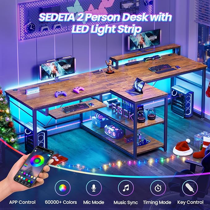SEDETA 94.5" 2 Person Gaming Desk with Storage Shelf,LED Light,Rustic Brown - Image 9