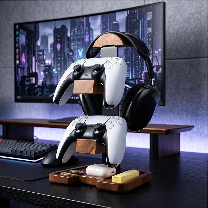 Gaming Equipment Headset Stand with Dual Controller Organizer Rack & Storage Base, Headphone Stand Gamer Gifts for Men Teenage Boy, Unique Gifts for Gamers to Organize Gaming Accessories (Brown Wood) - Image 4