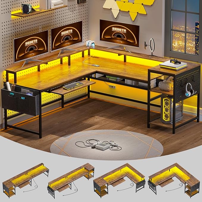 SEDETA L Shaped Computer Desk, Reversible Computer Desks, L Shaped Desk with Power Outlets & LED Strip, Monitor Shelf, Keyboard Tray, Pegboard and Storage Shelves for Home Office, Rustic Brown by SEDETA