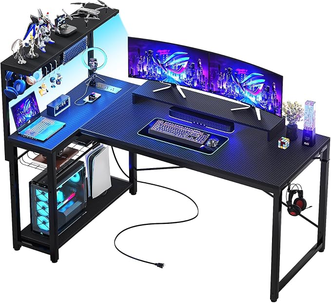 Homieasy Small Gaming Desk with Power Outlets Pegboard LED Light, 51 Inch L Shaped Computer Desk with Monitor Stand Storage Shelves, Reversible Corner Desk with Headset Hooks, Carbon Fiber Black by Homieasy