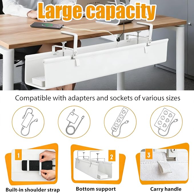 Oxford Cloth Under Desk Cable Management Tray,No-Drill 48" Desk Cable Management Organizer with Clip/Screw Installation,Fabric Cable Management for Home,Office & Gaming Computer(White) - Image 2