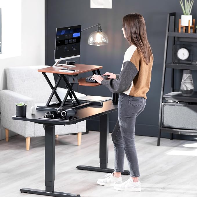 VIVO Dark Walnut 26 in Standing Desk Converter, DESK-V026KA | Height Adjustable, Stand Up Desk Riser, Wide Keyboard Tray, Dual Monitor and Laptop Workstation, Black Frame, K Series - Image 9