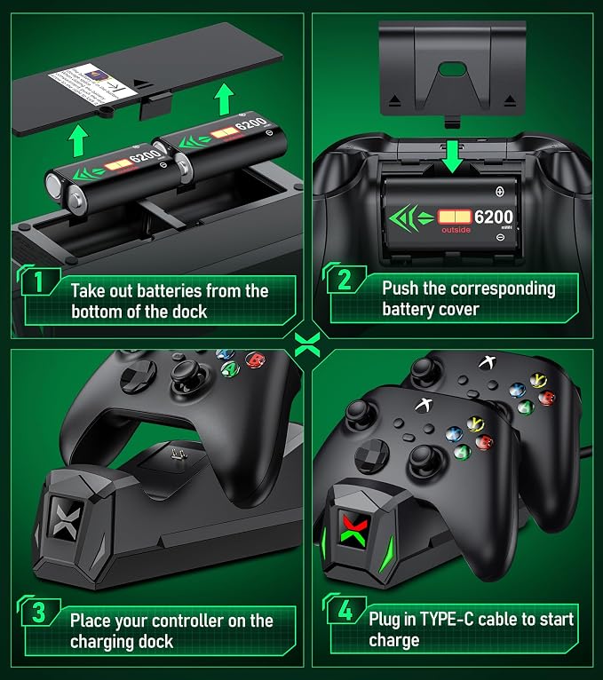 Upgraded Controller Charger Station with 2x6200mWh Rechargeable Battery Packs for Xbox One/Series X|S, Dual Charging Dock for Xbox One Battery Pack (Controller not Included) - Image 6