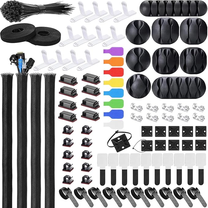 Cable Management Kit - 4 Cable Sleeve, 57 Self Adhesive Cable Clips, 12 Hanging Strips, 12 Cable Organizer Straps and 100 Fastening Cable Ties for TV Computer Under Desk (Black and White) by Unknown