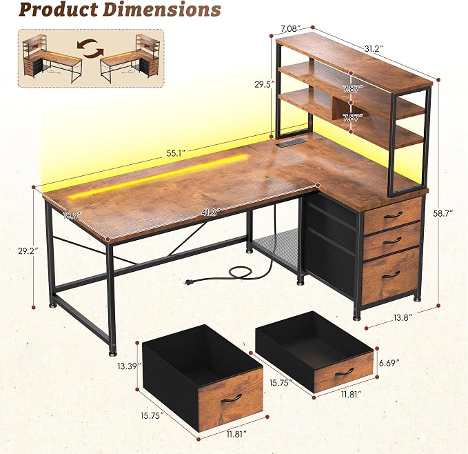 DurayLoly 55"Computer Desk with 3 Drawers & Shelf for Bedroom & Home Office - Image 3