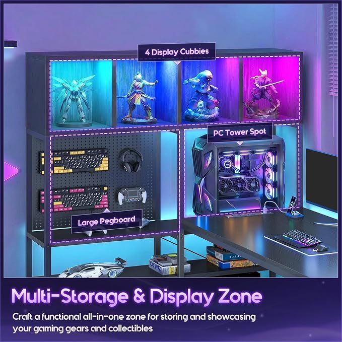 AODK 63" L Shaped Gaming Desk with Display Hutch and Large Desktop, Black | LED Lights, Power Outlets, PC Tower Display Shelf, Pegboard, Storage Shelves, Reversible Layout for Gaming and Home Office - Image 4