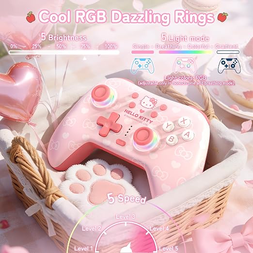 Kuitmor Hello Kitty Switch Pro Controller, Cute Hall Effect Wireless Gamepad No Drift for Switch 2/Switch/OLED/Lite, PC/Steam, Android, iOS, Bluetooth + Wired, Turbo, Back Buttons,6-Aixs Gyro, Wake-up, RGB (Pink, Without 2.4g Receiver) - Image 4