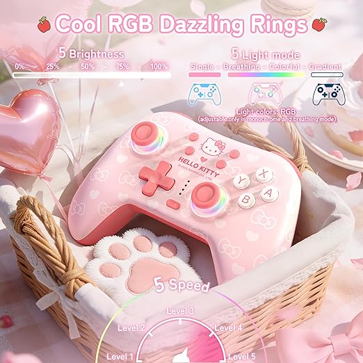 Kuitmor Hello Kitty Switch Pro Controller, Cute Hall Effect Wireless Gamepad No Drift for Switch 2/Switch/OLED/Lite, PC/Steam, Android, iOS, Bluetooth + Wired, Turbo, Back Buttons, 6-Aixs Gyro, Wake-up, RGB (Pink, With 2.4g Receiver) - Image 4