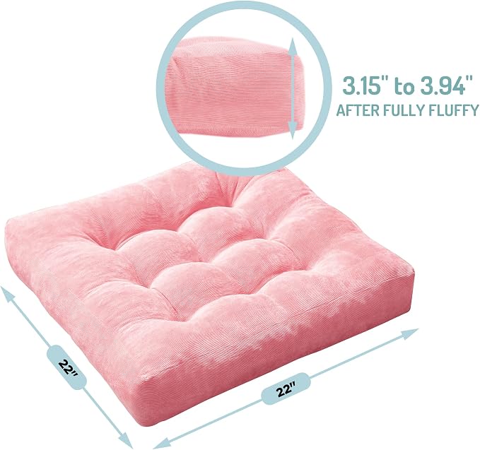 Floor Pillows Set of 2, Large Meditation Cushion for Adults, 22 Inch Square | Reading nook & office use, Tatami seating, Corduroy cover, 3.5 in thick, Shredded memory foam fill, Pink yoga pad - Image 2