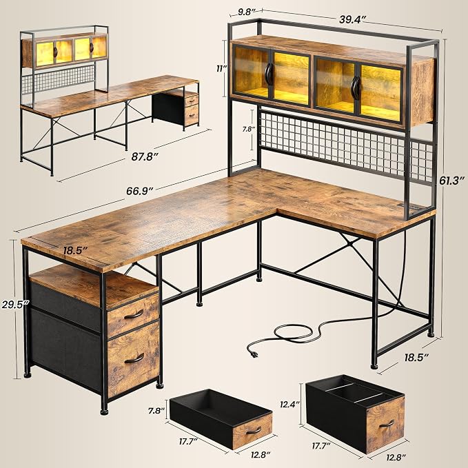DurayLoly 67" L Shaped Gaming Corner Desk with LED Light, Hutch,Brown | Reversible Computer Desk with 2 Drawers,Storage Shelves,Pegboard with 3 Hooks,Power Outlet for Home Office,Bedroom - Image 2