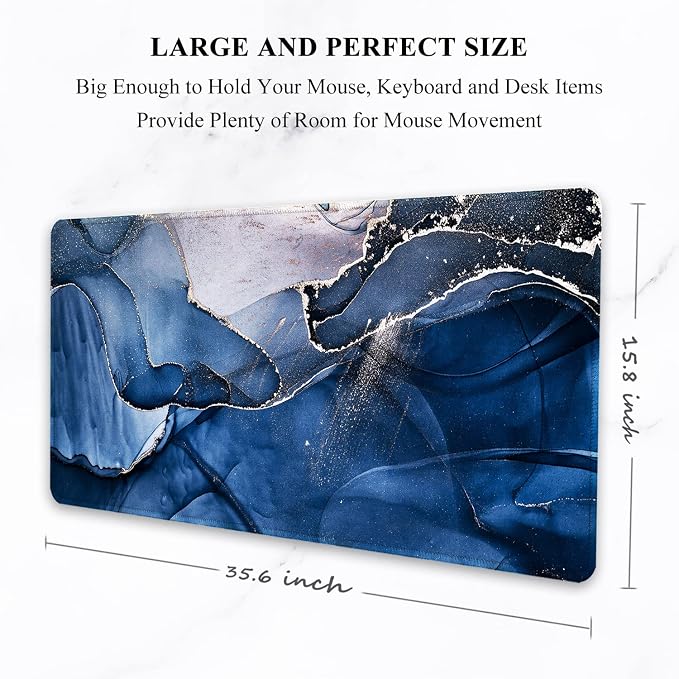 Auhoahsil Large Mouse Pad, XXL Desk Pad, Extened 35" x 15", Non-Slip Rubber Base, Stitched Edges, Superior Surface, Waterproof Keyboard Mat, Large Mousepad for Gamer, Office & Home, Ink Navy Marble - Image 2