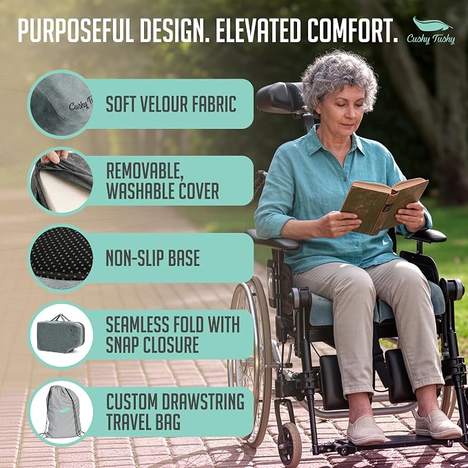 Cushy Tushy Premium Foldable Wheelchair Cushion - for Relief of Lower Back, Sciatic, Butt and Tailbone Pain - for Home & Office Use, Perfect for Travel or Driving - Gray Coccyx Seat Cushion - Image 9