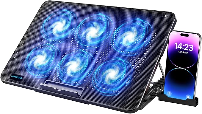 LIANGSTAR Laptop Cooling Pad, Laptop Cooler with 6 Quiet Fans for 12-17 Inch Notebook Gaming Fan Stable Stand, 7 Height & Wind Speed Adjustable, 2 USB Port & Phone Holder (Black) by LIANGSTAR