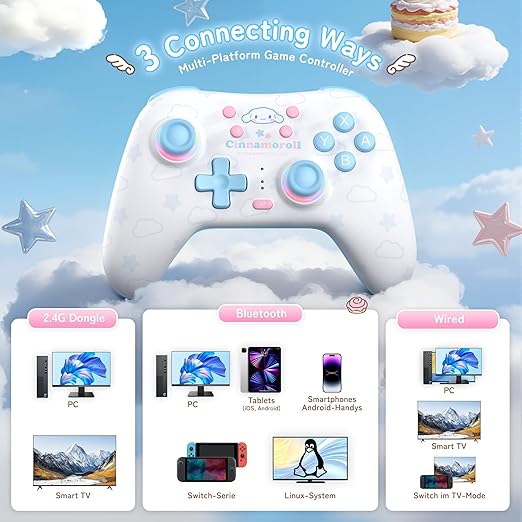 Kuitmor Cinnamoroll Switch Pro Controller, Cute Hall Effect Wireless Gamepad No Drift for Switch 2/Switch/OLED/Lite, PC/Steam, Android, iOS, Bluetooth + Wired, Turbo, Back Buttons, 6-Aixs Gyro, Wake-up, RGB (Blue, Without 2.4g Receiver) - Image 2