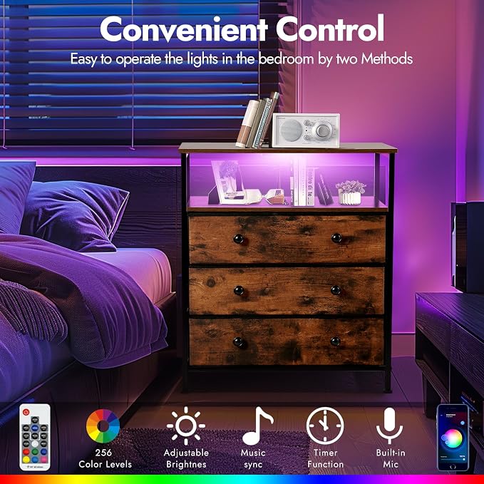 3-Drawer LED Nightstand with Charging Station, Rustic Brown - Image 5