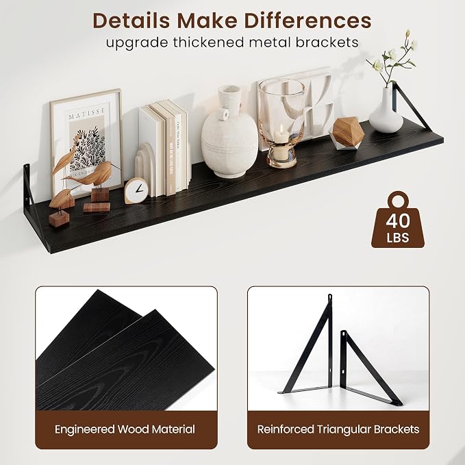 Axeman Deep Floating Shelves, 55'' x 10'' Black Wall Shelves Set of 2 - Image 5