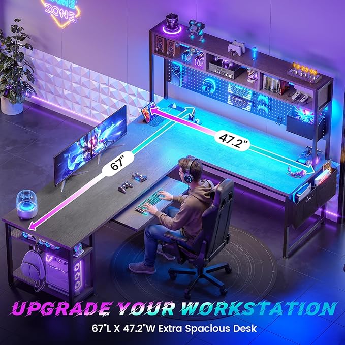 SEDETA L Shaped Office Desk with Hutch, Reversible 94.5" Computer Desk | L Shaped Gaming Desk with LED Light, Keyboard Tray, Storage Shelves and Headphone Hook for Home Office, Grey - Image 5