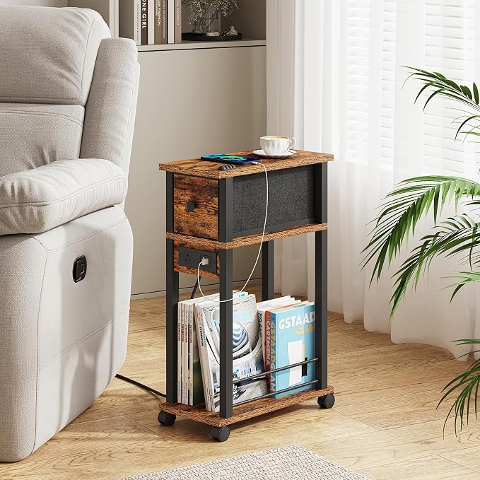 Slim Nightstand Set of 2, Narrow Side Table with Charging Station & Drawer - Image 2