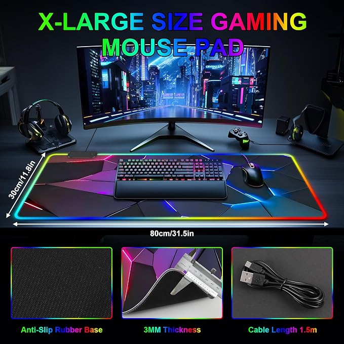 RGB Mouse Pad, Gaming Mousepad with 13 LED Light Modes | 31.5X11.8inch Large Mouse Mat, Gaming Mats for Desk with Non-Slip Rubber Base, Model-C - Image 3