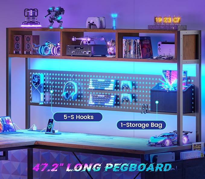 SEDETA L Shaped Computer Desk, Reversible Corner Desk with Power Outlet | Gaming Desk with Pegboard, Led Lights, Keyboard Tray, Headphone Hook and Storage Shelves, Rustic Brown - Image 4