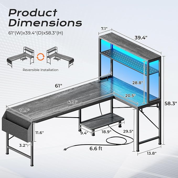 PRAISUN L Shaped Gaming Desk with LED Lights & Power Outlets | Reversible Computer Desk with Storage Shelves & Bag, Large Corner Home Office Desk with Pegboard for Work from Home, Grey - Image 2