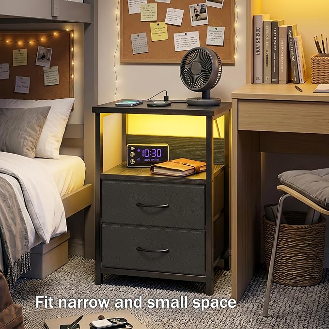 Fixwal Night Stand with Charging Station, Black Led Nightstand, 2 Drawers - Image 2