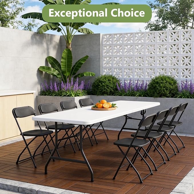8FT Folding Table, Heavy Duty Plastic Fold-in-Half Utility Table with Handle, Portable Camping Picnic Table with Steel Legs for Indoor Outdoor Party, Dining, White - Image 9