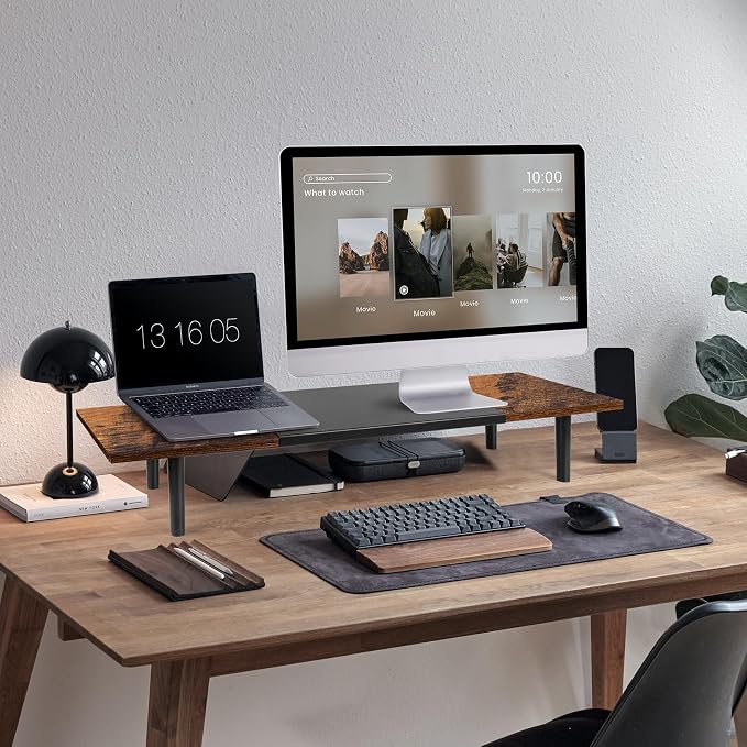 Across-Star Dual-Monitor-Stand-Riser-For-Desk Adjustable Length 32-40 Inch，Large Desktop Computer Monitor Riser For 2 Screens，Desk Shelf Organizer Riser Stand For Computer/Laptop/PC/Printer/TV Black - Image 2