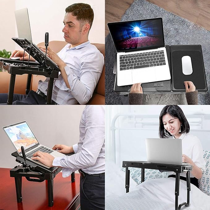 TeqHome Laptop Desk for Bed, Adjustable Table with Fan, Portable Lap Desk, Foldable Legs, Stand for Couch Sofa, Tray with LED Light, 4 USB Ports, Storage, Mouse Pad - Image 2